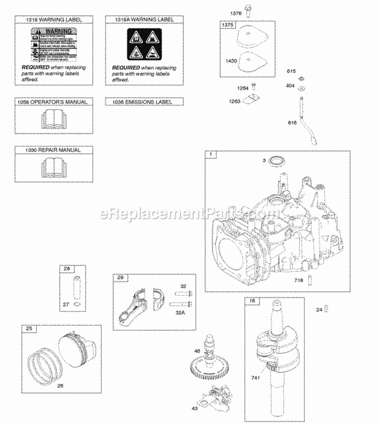 Camshaft Crankshaft Cylinder OperatorS Manual PistonRingsConnecting Rod Warning Label Diagram and Parts List for 11P902-0129-B3  Briggs and Stratton Engine